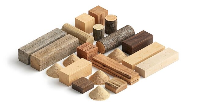 Assorted wood blocks, dowels and timber material samples.