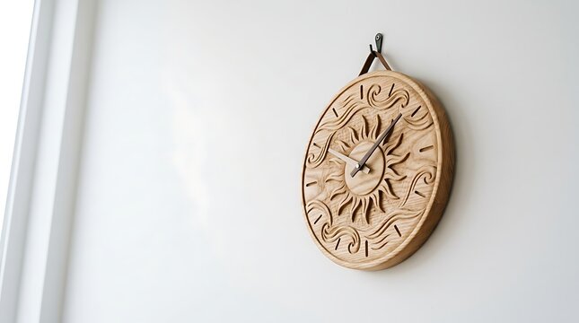 Handcrafted wooden wall clock with sun and wave carvings on white wall
