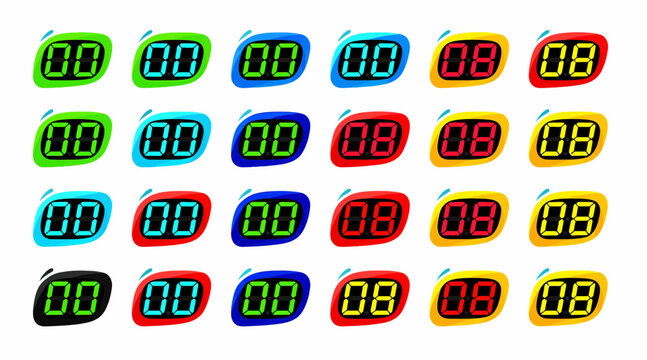 Colorful Digital Clock Displays with Numbers 00 and 88