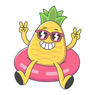 cartoon illustration of cheerful pineapple character on swimming tube for summer beach vibes
