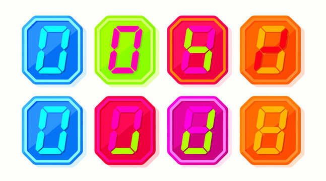 Colorful Digital Numbers Displayed on Octagonal Backgrounds - Stock Illustration