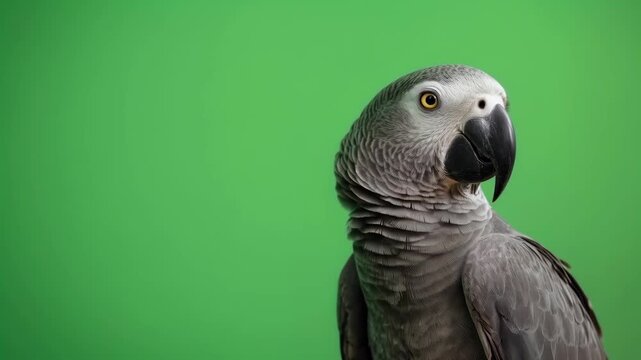 African grey parrot portrait green background showing detailed feathers and attentive curious