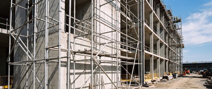 Scaffolding surrounding a modern building under construction against a clear blue sky on a bright sunny day
