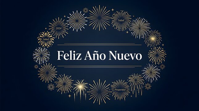 Feliz ano nuevo greeting with golden fireworks on dark background