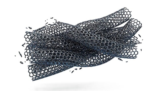 Black carbon nanotube mesh structure on white.