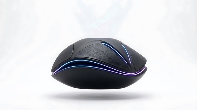 Black ergonomic computer mouse with blue lights.