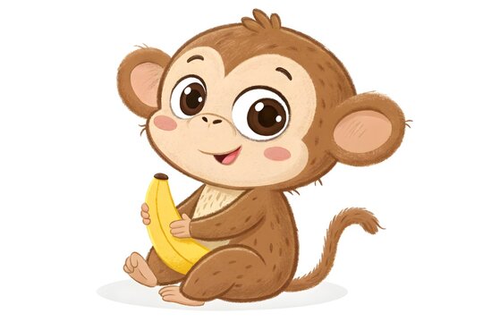 Cute cartoon monkey eating a banana with happy expression
