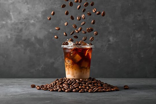 Iced coffee drink with floating roasted beans on dark textured surface beverage caffeine espresso refreshing lifestyle culinary photography composition dramatic aesthetic delicious