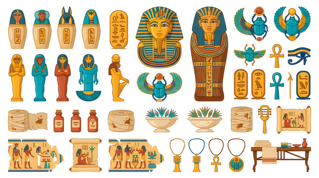 Ancient Egypt set with hieroglyphs, pharaoh mask and sarcophagus. Egyptian god, scarab, ankh, lotus vase, scroll and jewelry. Vector illustration graphics for history and archaeology designs