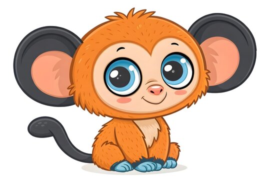 Cute cartoon monkey with big expressive eyes sitting happily
