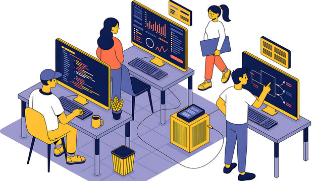Software engineers working in office. Developers coding on computers in isometric style.