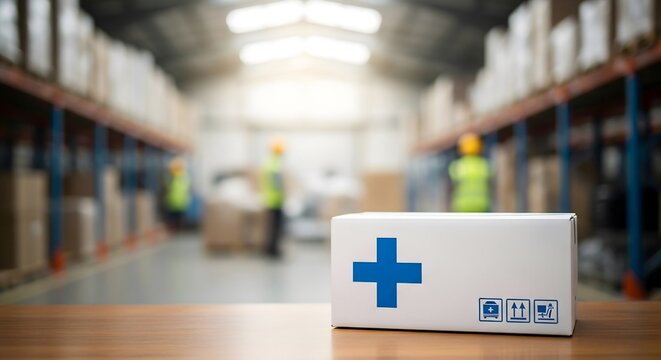 Medical supplies delivery box on wooden table in large warehouse