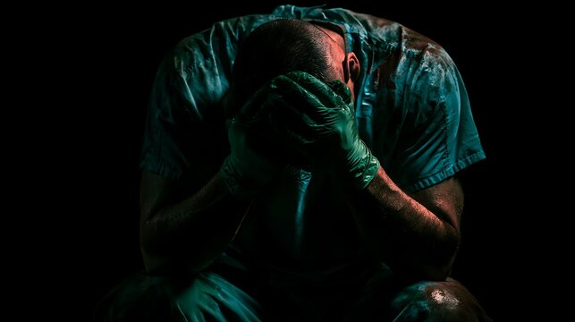 Prompt: A powerful cinematic portrait of a surgeon sitting in the dark, head buried in his green-gloved hands. Sweat stains on his scrubs, showcasing intense mental weight and fatigue. Shot 