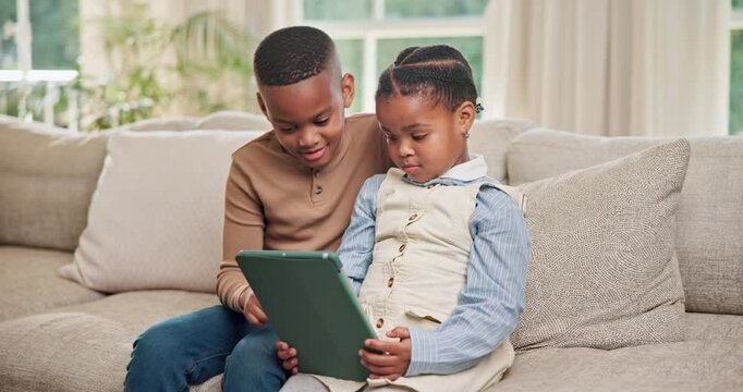 Happy, siblings and children on sofa with tablet for online game, streaming and cartoon choice. Family, home and African kids on tech for entertainment, digital subscription and internet on weekend