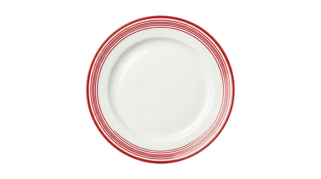 White ceramic plate with a decorative red pattern border isolated on a white background
