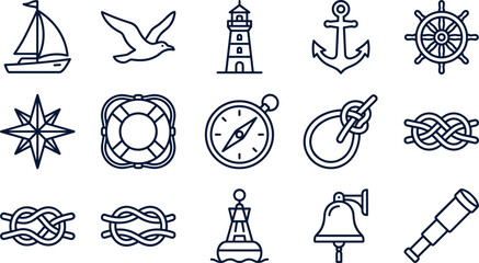 Set of nautical and marine navigation icons in thin line style. © nami8