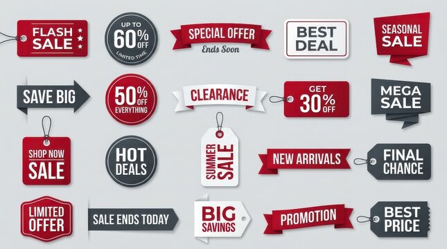 Set of various sale and discount tags, labels, and banners for marketing and promotion