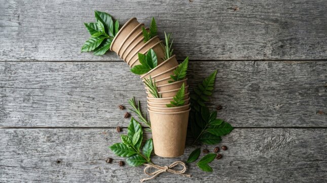 Ecofriendly paper coffee cups with green leaves and coffee beans on rustic wooden background