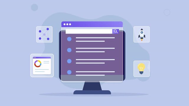 Flat vector animated desktop monitor displaying an AI automation dashboard with analytics, machine learning, intelligent workflow, and automation interface. Ideal for business, productivity, and techn
