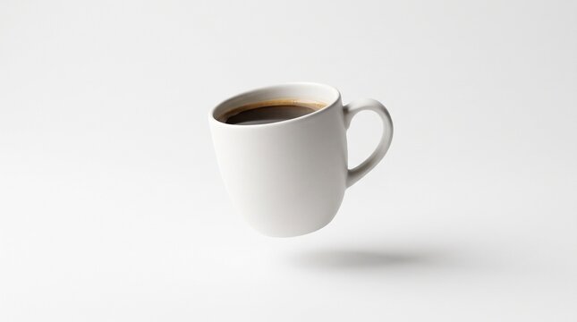 White ceramic cup with fresh black coffee floating in mid-air against a clean minimalist background