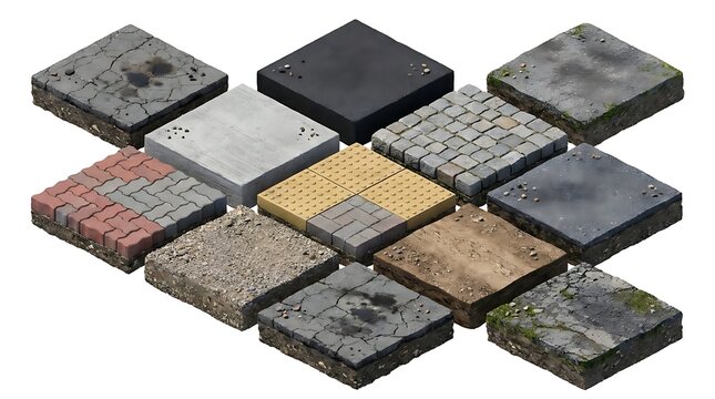 Collection of isometric ground and pavement material tiles.