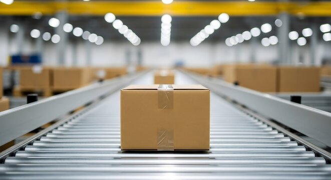 Cardboard box moving on automated roller conveyor inside large warehouse