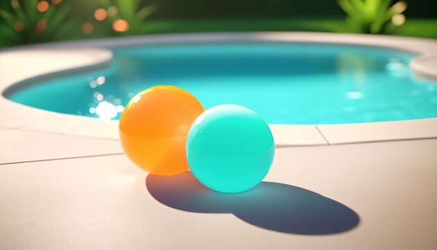 Colorful beach balls beside swimming pool