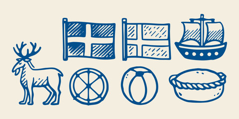Hand drawn blue line art collection featuring a reindeer flags ship wheels and a cinnamon bun sketch drawing lines hand drawn scandinavian nordic sweden © Bebdas