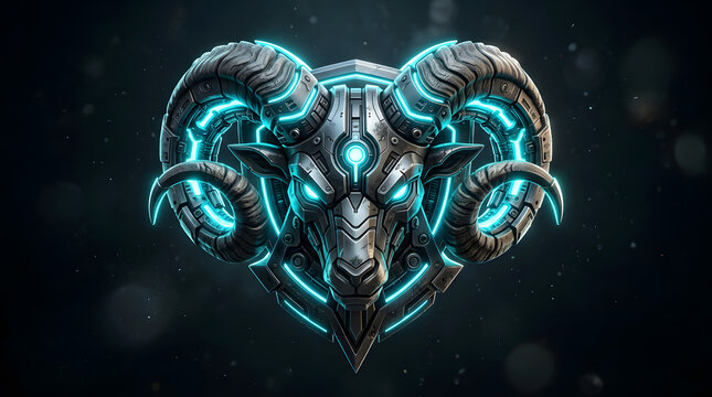 Futuristic neon ram head with glowing blue cybernetic design