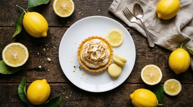 Lemon meringue tart with macarons and fresh lemons on a rustic wooden table