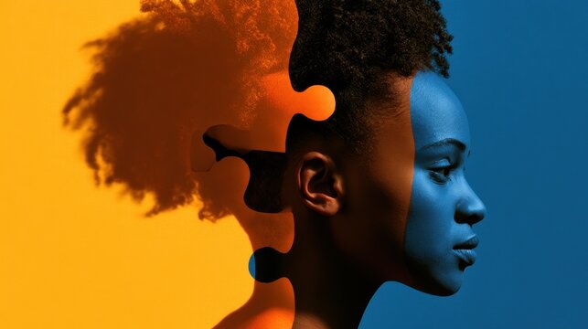 Creative visual concept of human profile with jigsaw puzzle edges merging orange and blue color backgrounds representing duality and complexity of mind