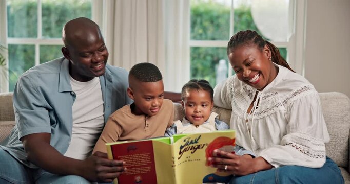 Parents, children and reading book for literature in home for bonding, storytelling or support. Black family, kids and relax on couch for literacy development, language and conversation for knowledge