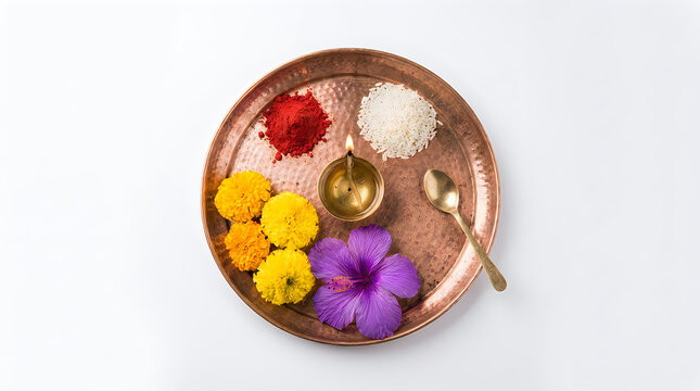 Traditional brass puja thali with flowers and offerings for durga puja festival celebration on white background