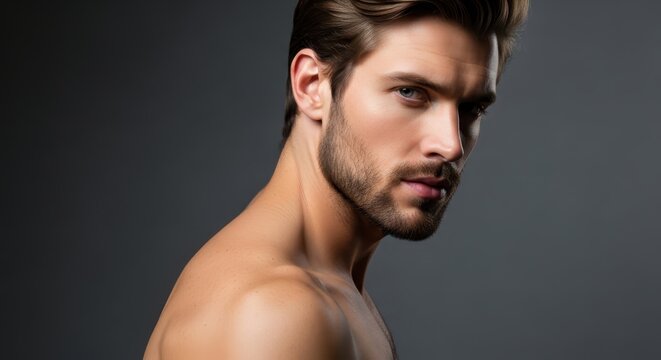 Handsome Young Man with Well-Groomed Beard and Stylish Haircut Posing Shirtless Against Dark Background
