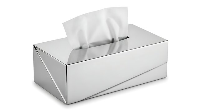 Modern rectangular chrome tissue box holder with a single white paper napkin pulled out for clean use