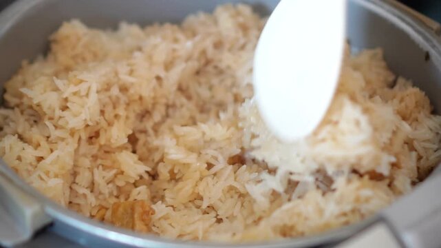 4K Video of Serving Freshly Cooked Homemade Vegetarian Shiitake Mushroom Rice from Rice Cooker in Home Kitchen