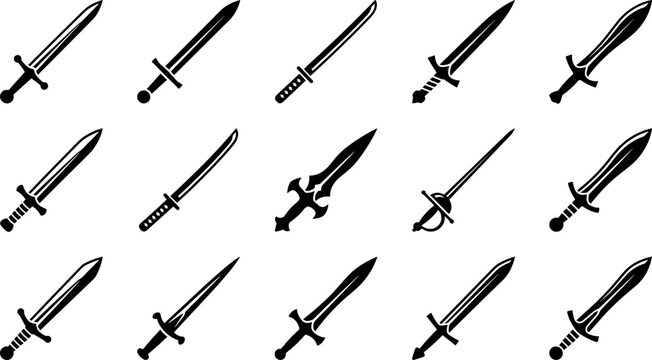 Set of Various Ancient Swords and Medieval Blades Icons.