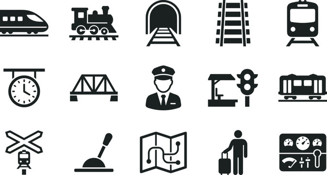 Set of fifteen black and white vector railway and train transportation icons.
