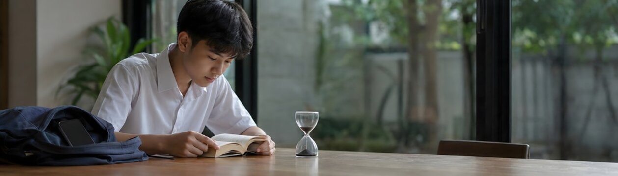 Young human engages in deep reading while seated at wooden table, symbolizing reconnection with knowledge and self