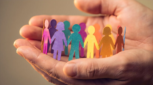 Close up view of human hands protecting a chain of colorful paper cutout people figures