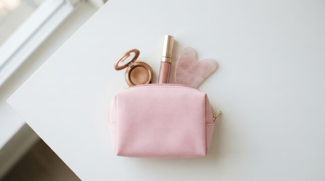 Pink makeup bag with gold cosmetics and a rose quartz gua sha tool on a white surface