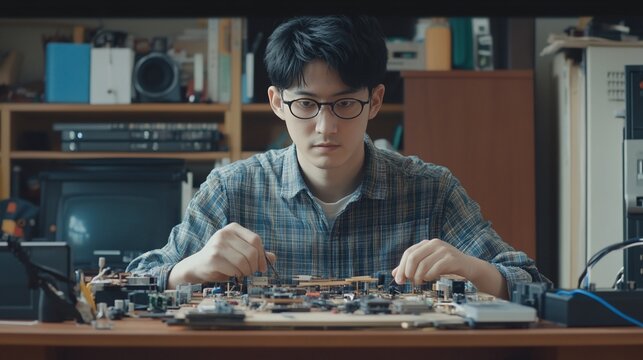 Young Asian Technician Repairing Computer Circuit Board