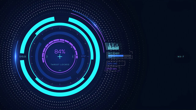 Futuristic hud interface design with glowing blue circular rings and data analysis on a dark background