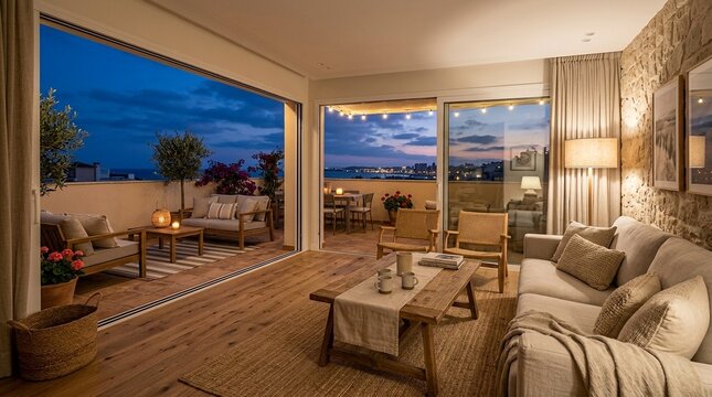 Cozy modern penthouse living room with city view at dusk
