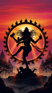 Shiva Nataraja Cosmic Dance Silhouette on Fiery Sunset Horizon, Ring of Fire Illustration