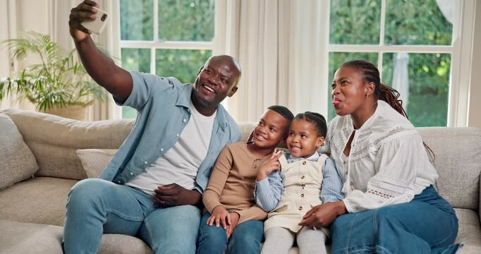Selfie, kids or sofa with black family in home for photography, bonding or memory together. Dad, mom or children with smile or siblings on couch for capture moment, picture app or connection in house