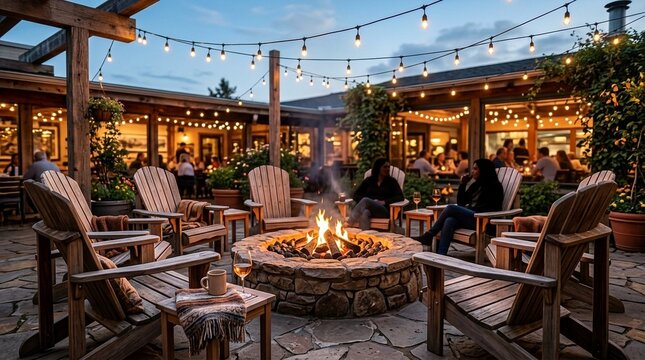 Cozy Outdoor Fire Pit Patio with String Lights and People Relaxing