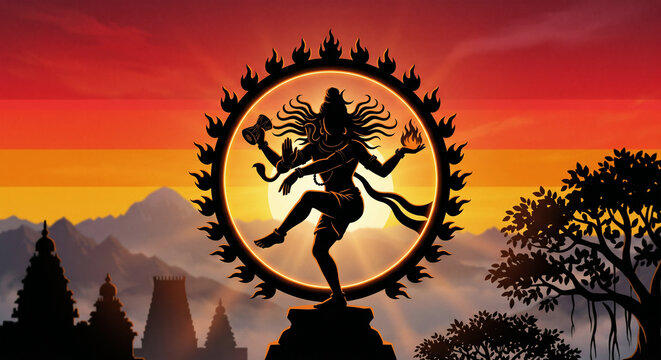Shiva Nataraja Cosmic Dance Silhouette on Fiery Sunset Horizon, Ring of Fire Illustration