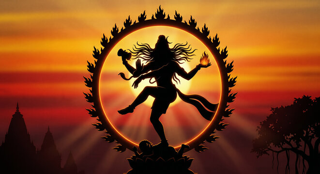Shiva Nataraja Cosmic Dance Silhouette on Fiery Sunset Horizon, Ring of Fire Illustration