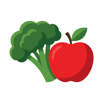 Flat vector illustration of fresh broccoli and red apple